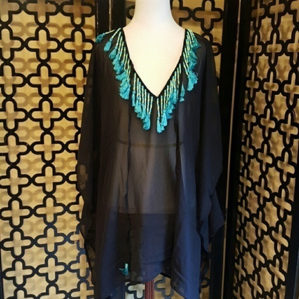 NWT BLACK GREEN‎ SHEER TASSLE TUNIC/COVERUP Size Large